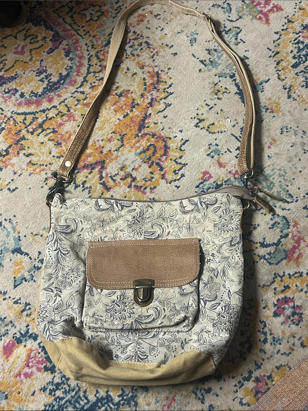 Myra Bag Floral Canvas Crossbody Bag with Tan Trim